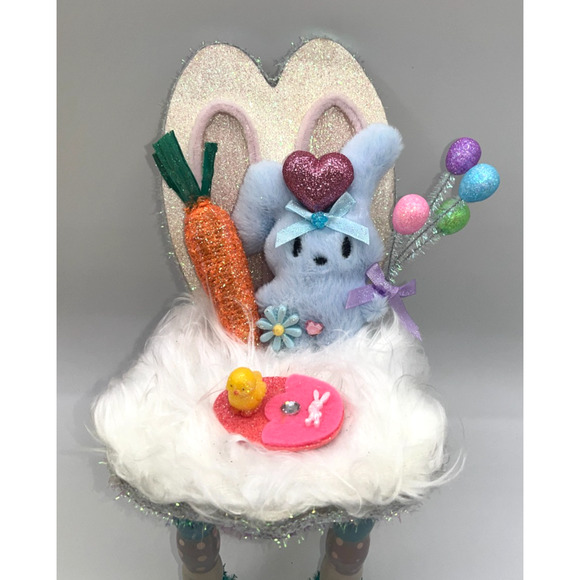 Vintage Wooden Easter Bunny Chair Faux Fur Blue Bunny Egg Balloons Deb O. OOAK - Picture 3 of 16